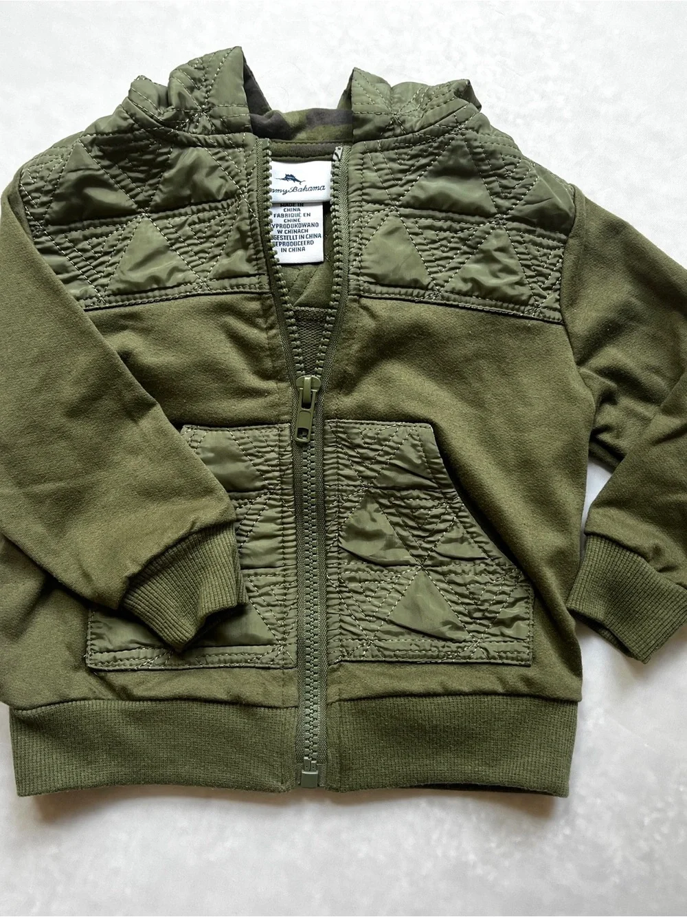 Tommy Bahama Baby Boy Olive Green Quilted Zip Up Hoodie Jacket 12M